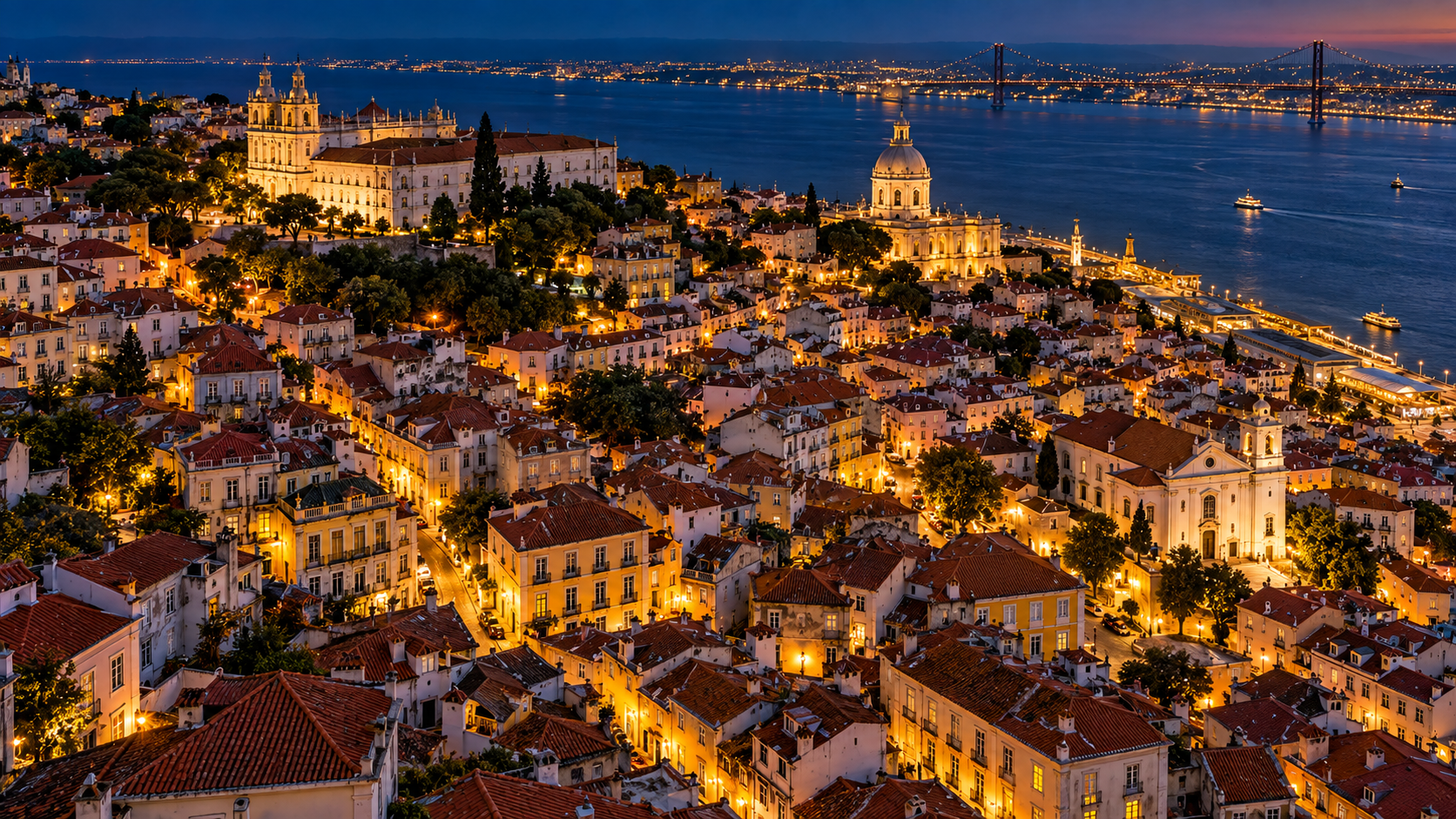 Photorealistic artistic aerial view of Lisbon rooftops and the Tagus at blue hour