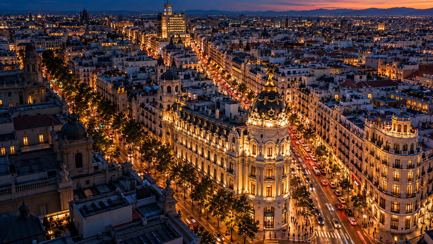Photorealistic artistic aerial view of Madrid at blue hour
