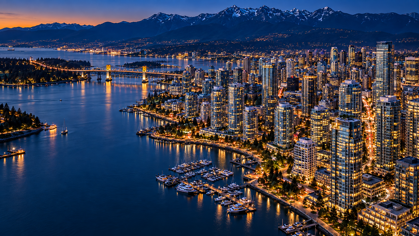 Photorealistic artistic aerial view of Vancouver’s waterfront and mountains